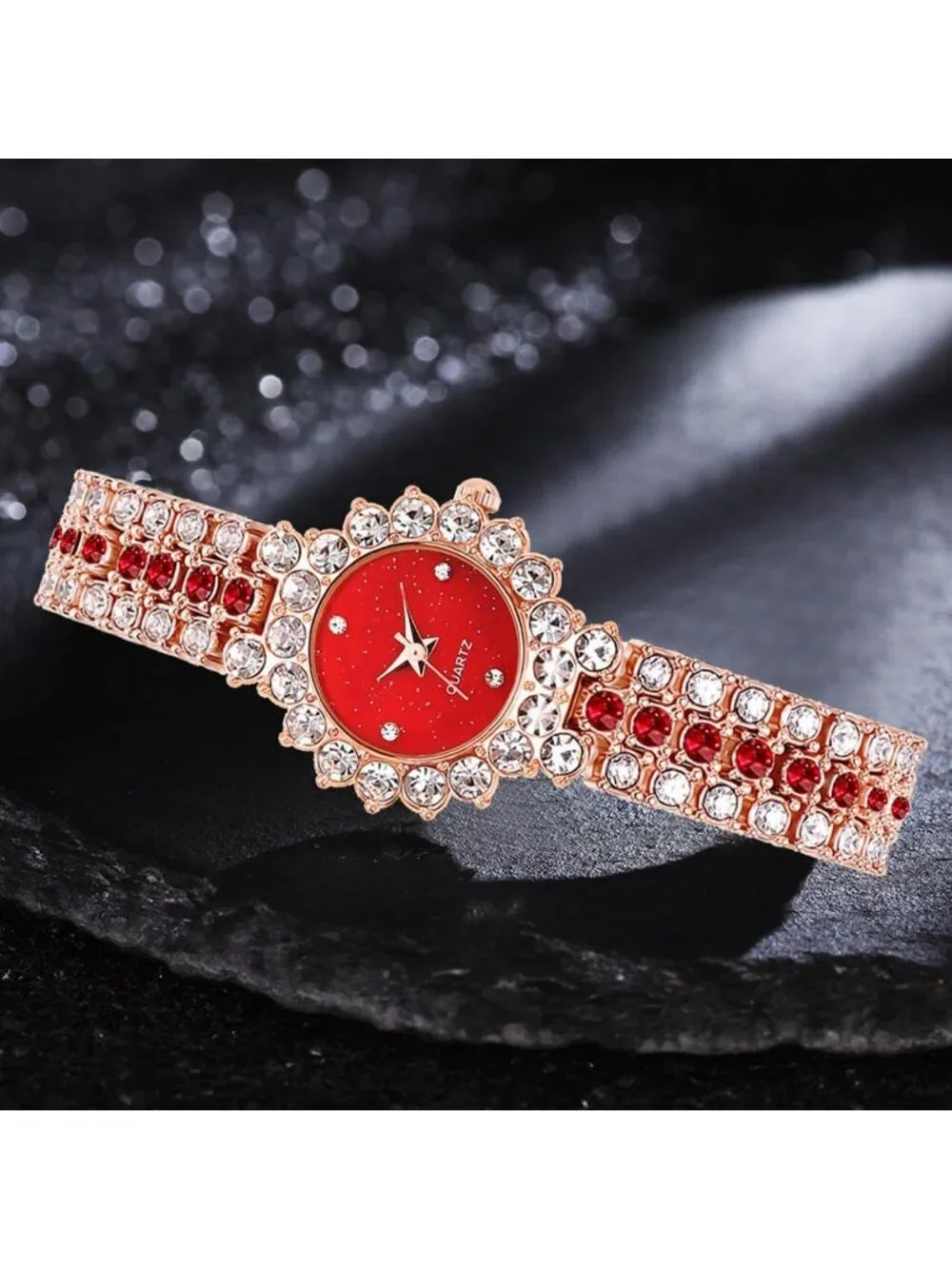 Women's Red Analog Quartz Elegant Steel Belt Diamonds Bracelet Set Wrist Watch